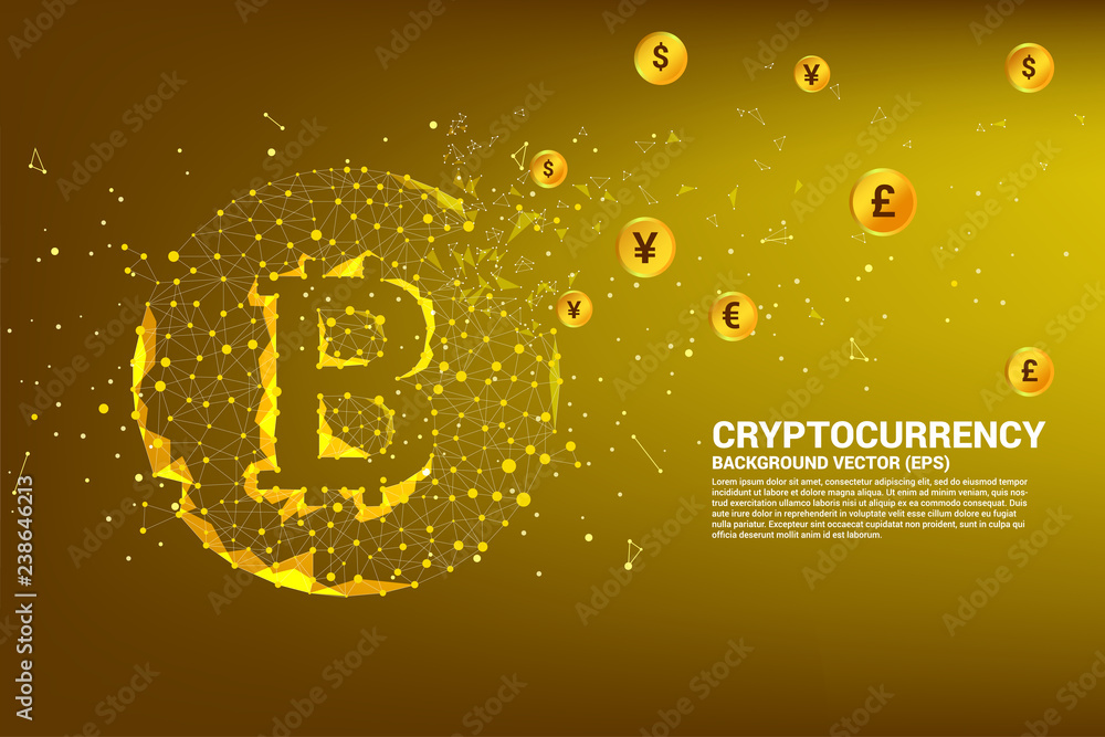 Poster vector bitcoin icon from polygon dot connect line with international currency. concept for cryptocur