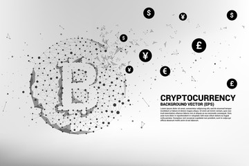 Vector bitcoin icon from Polygon dot connect line with international currency. Concept for cryptocurrency technology and financial network connection.