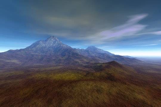 Mountain, a deserted landscape, grass on the ground, and  clouds in the sky.