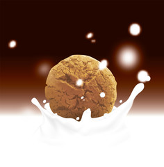 Round cookie falling into milk. Realistic vector illustration with blurred chocolate color background with splash and drops.