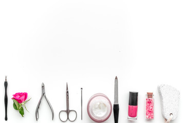Naklejka premium manicure and pedicure equipment for nail bar set on white background top view mockup