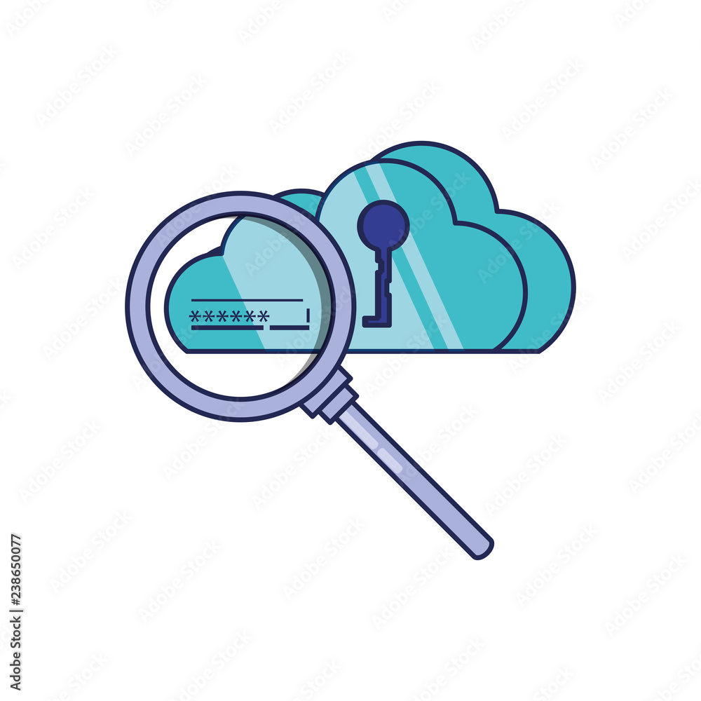 Poster cloud computing with key and magnifying glass