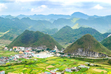 Fototapeta na wymiar Bac Son valley Surround with Rice field in harvest time, Lang Son province, Vietnam