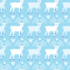 Blue winter reindeer folk vector seamless pattern. Great for winter holidays traditional wallpaper, backgrounds, gifts, packaging design projects. Surface pattern design.