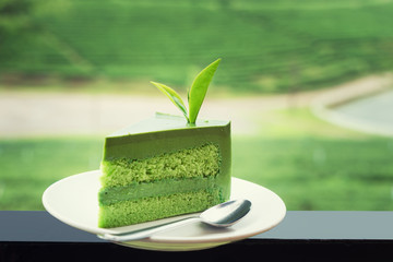 Close up of fresh green tea cake on white plate with tea plantation in background.