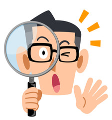 虫眼鏡を覗いて驚く男性　眼鏡　真面目
