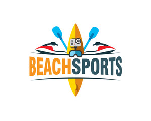 beach sports vintage logo with surfboard speedboat paddle snorkell and action cam