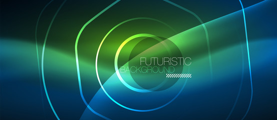 Neon glowing lines, magic energy space blue light concept, abstract background wallpaper design