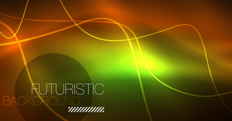 Abstract shiny glowinng color wave design element on dark background - science or technology concept