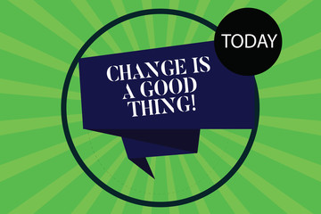 Conceptual hand writing showing Change Is A Good Thing. Business photo showcasing Make changes to improve perforanalysisce is positive Folded 3D Ribbon Strip inside Circle on Halftone Sunburst