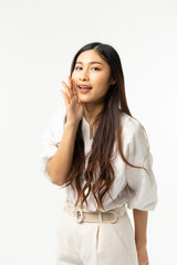 Fototapeta premium Business asian woman isolated on white. Young beautiful arab woman over isolated background happy face smiling Positive person.