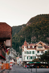 Evening street scene and old buildings in old town Interlaken, Switzerland