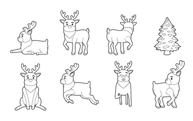 Christmas Character Black and White Coloring Reindeer Various Poses Cartoon
