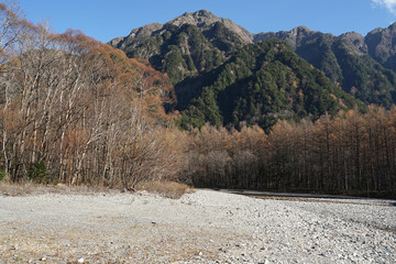 Fototapeta na wymiar Beautiful crystal clear water river landscape with mountain background in Japan Alps Kamikochi