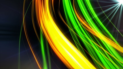 Abstract flying lines in dark space and rays, computer generated modern abstract background, 3d rendering