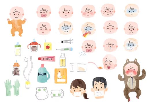 病気の赤ちゃんと赤ちゃん用品のイラスト Stock Vector Adobe Stock