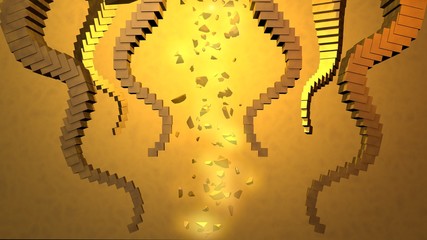 Golden floating stair cases against luminous yellow sun  background . 3d render