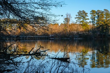 Obraz premium The late sunshine falls upon the treetops across the pond with mirror reflections on the still surface and patchy remnants of snow on the ground at Yates Mill County Park in Raleigh North Carolina.