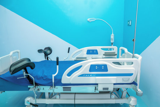 View Of An Empty Hospital Labor Bed In Labor And Delivery Room At Maternity Ward In Hospital