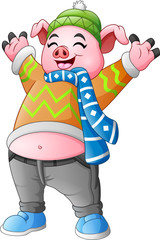 Cartoon happy pig in winter clothes