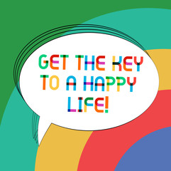 Writing note showing Get The Key To A Happy Life. Business photo showcasing Motivation inspiration for happiness fulfilment Oval Outlined Solid Color Speech Bubble Empty Text Balloon