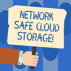 Writing note showing Network Safe Cloud Storage. Business photo showcasing Security on new online storage technologies Hu analysis Hand Holding Colored Placard with Stick Text Space