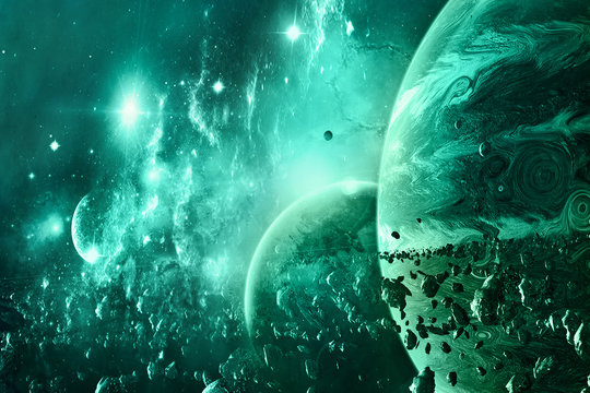 Abstract Planet Horizon And It's Moon On Surrounded By Asteroids In A Galaxy Background