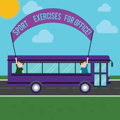 Text sign showing Sports Exercises For Office. Conceptual photo Working out in the workplace stay fit Two Kids Inside School Bus Holding Out Banner with Stick on a Day Trip