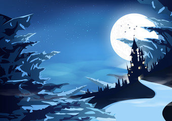 Castle palace in mystical of icy mountains arctic landscape silhouette fantasy abstract background vector illustration © Hatcha