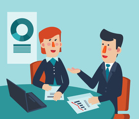Businessman and business woman talking and discussing in office. Teamwork process vector concept 