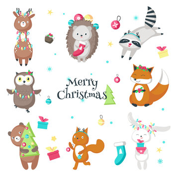 Cute funny christmas animals vector isolated illustration