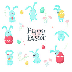 Cute Easter rabbits with eggs vector isolated illustration