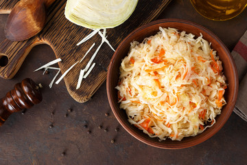 Sauerkraut. Chopped cabbage pickled in brine - obrazy, fototapety, plakaty