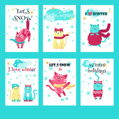 Vector set of winter cards with cute cats