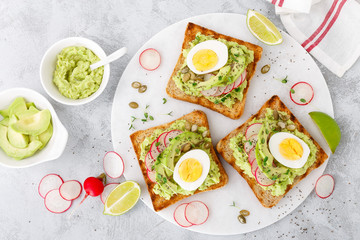 Toasts with avocado guacamole, fresh radish, boiled egg, chia and pumpkin seeds. Diet breakfast. Delicious and healthy plant-based food. Flat lay. Top view