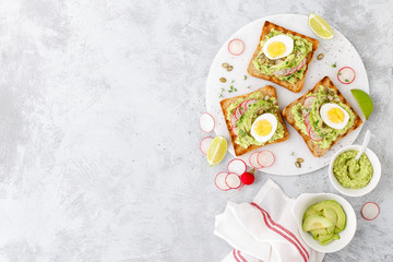 Toasts with avocado guacamole, fresh radish, boiled egg, chia and pumpkin seeds. Diet breakfast. Delicious and healthy plant-based food. Flat lay. Top view