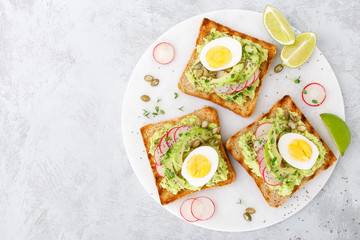 Toasts with avocado guacamole, fresh radish, boiled egg, chia and pumpkin seeds. Diet breakfast. Delicious and healthy plant-based food. Flat lay. Top view