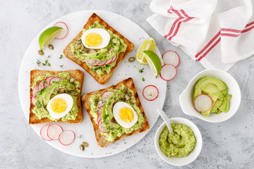Toasts with avocado guacamole, fresh radish, boiled egg, chia and pumpkin seeds. Diet breakfast. Delicious and healthy plant-based food. Flat lay. Top view