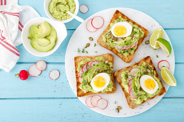 Toasts with avocado guacamole, fresh radish, boiled egg, chia and pumpkin seeds. Diet breakfast. Delicious and healthy plant-based food. Flat lay. Top view