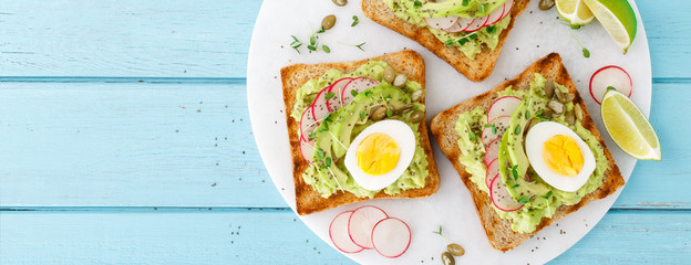 Toasts with avocado guacamole, fresh radish, boiled egg, chia and pumpkin seeds. Diet breakfast. Delicious and healthy plant-based food. Flat lay. Top view. Banner