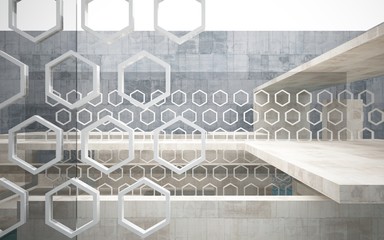 Abstract interior of concrete with blue water. Architectural background. 3D illustration and rendering 