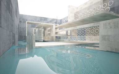 Abstract interior of concrete with blue water. Architectural background. 3D illustration and rendering 