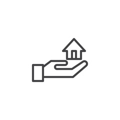Fototapeta na wymiar Hand holding house outline icon. linear style sign for mobile concept and web design. Property insurance simple line vector icon. Symbol, logo illustration. Pixel perfect vector graphics