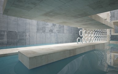 Abstract interior of concrete with blue water. Architectural background. 3D illustration and rendering 