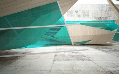 Abstract interior of wood, glass and concrete.3D illustration. rendering 