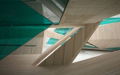 Abstract interior of wood, glass and concrete.3D illustration. rendering 
