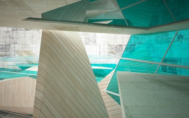 Abstract interior of wood, glass and concrete.3D illustration. rendering 