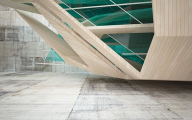 Abstract interior of wood, glass and concrete.3D illustration. rendering 