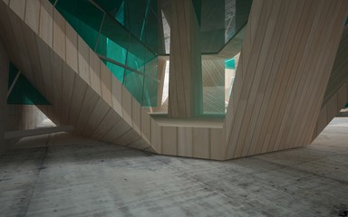 Abstract interior of wood, glass and concrete.3D illustration. rendering 