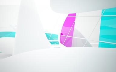 White smooth abstract architectural background whith colored gradient lines . 3D illustration and rendering